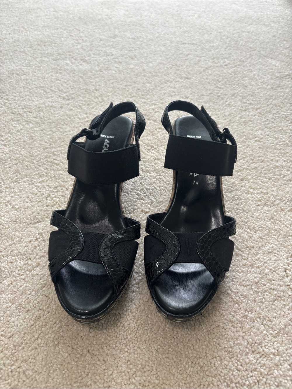 Aquatalia Black Wedge Sandals with Textured Straps